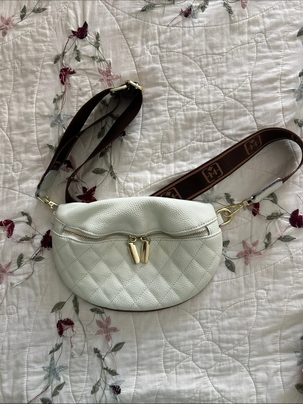 Quilted genuine creme Leather ESLCORRI Crossbody Bag w/Branded Adjustable Strap